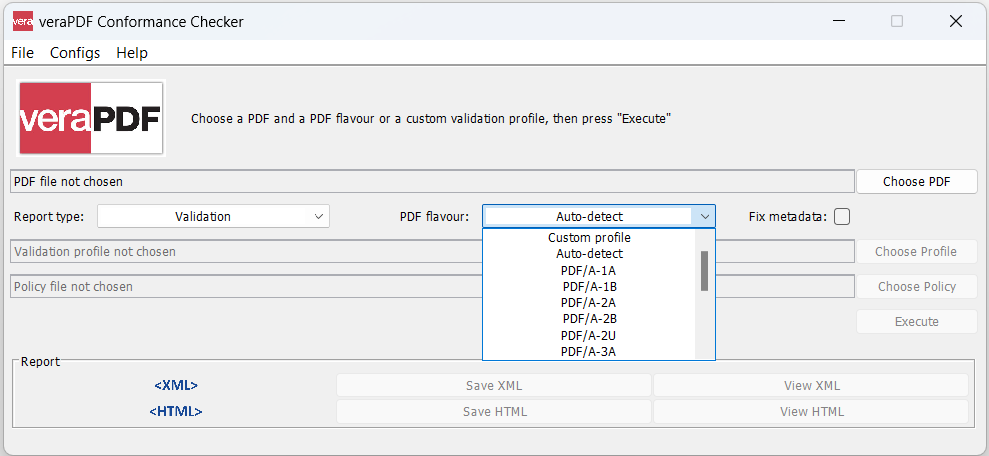 veraPDF GUI profile dropdown