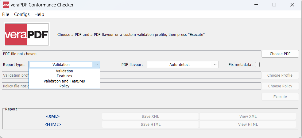 veraPDF GUI report dropdown